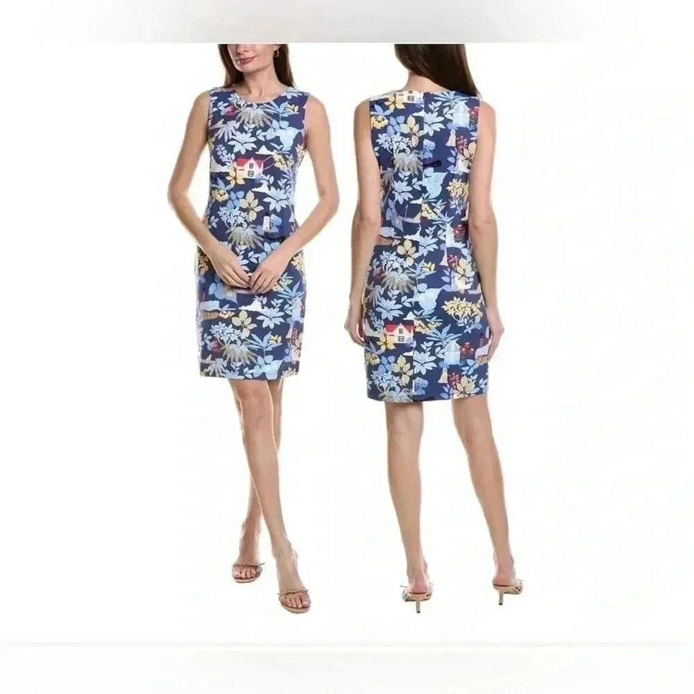 J.McLaughlin Sophia Print Knit Crew Neck Sleeveless Sheath Dress Size L